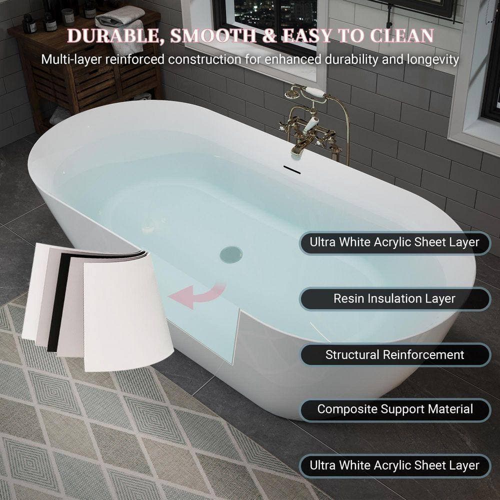 Fieeay 59 in. 29.5 in. Acrylic Freestanding Soaking Bathtub with Overflow and Drain Gloss White, Cover (3)