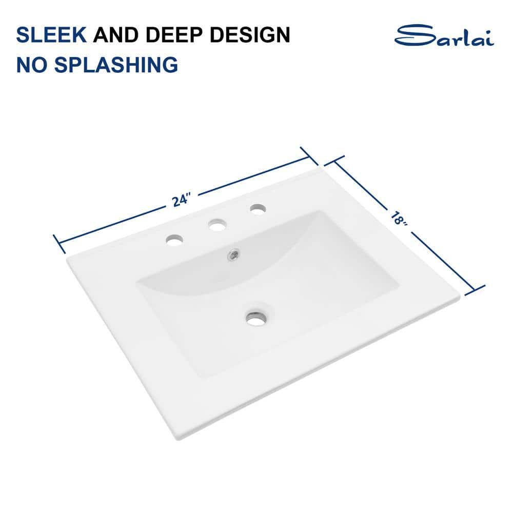 Sarlai 24 in. W 18 in. D Porcelain Ceramic Drop Single Bowl Bath Vanity Top Sink with 3 Faucet Holes and Overflow (2)