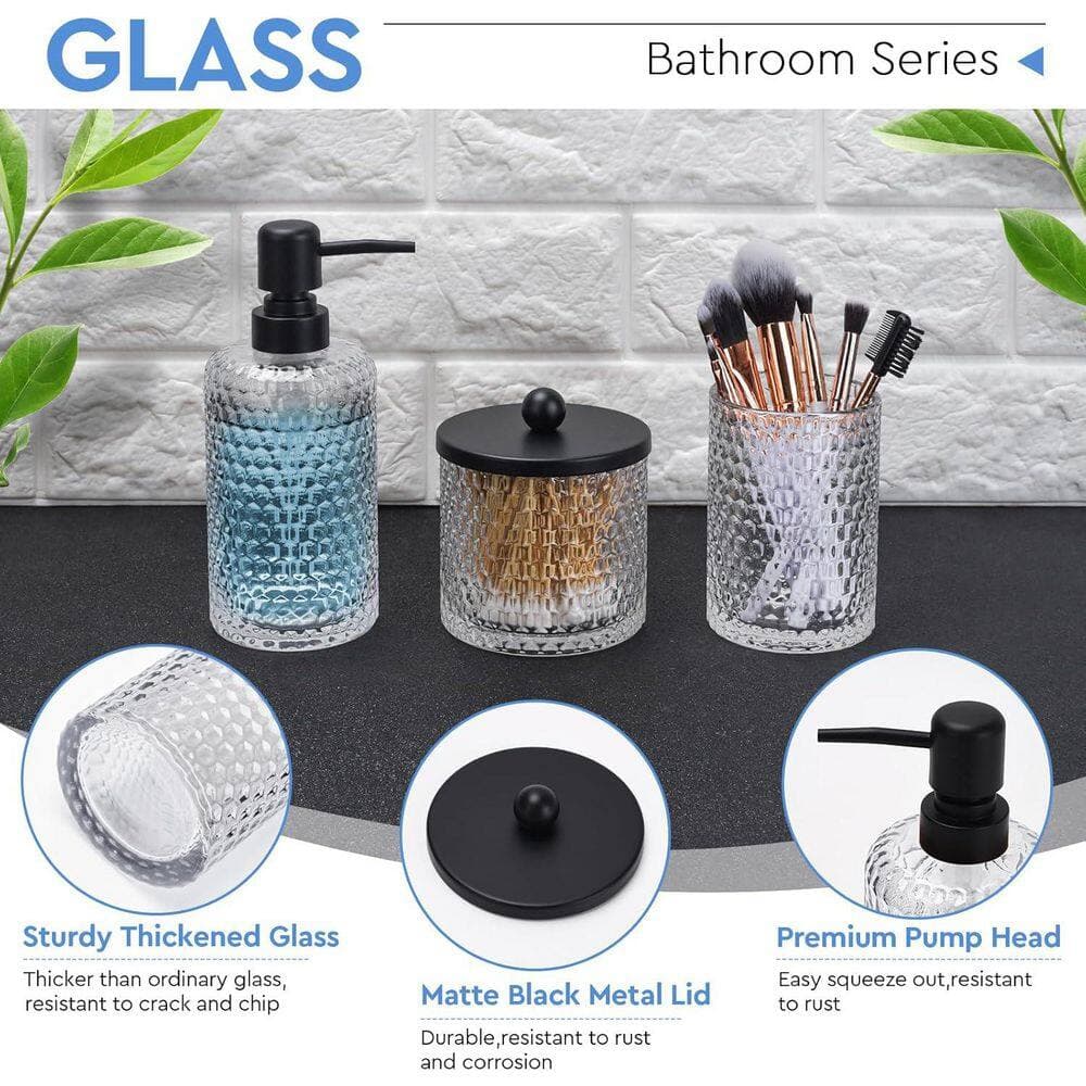 Wudkey 4-Piece Bathroom Accessory Set with Soap Dispenser, Toothbrush Holder,Qtip Holder Dispenser and Vanity Tray in Clear (3)