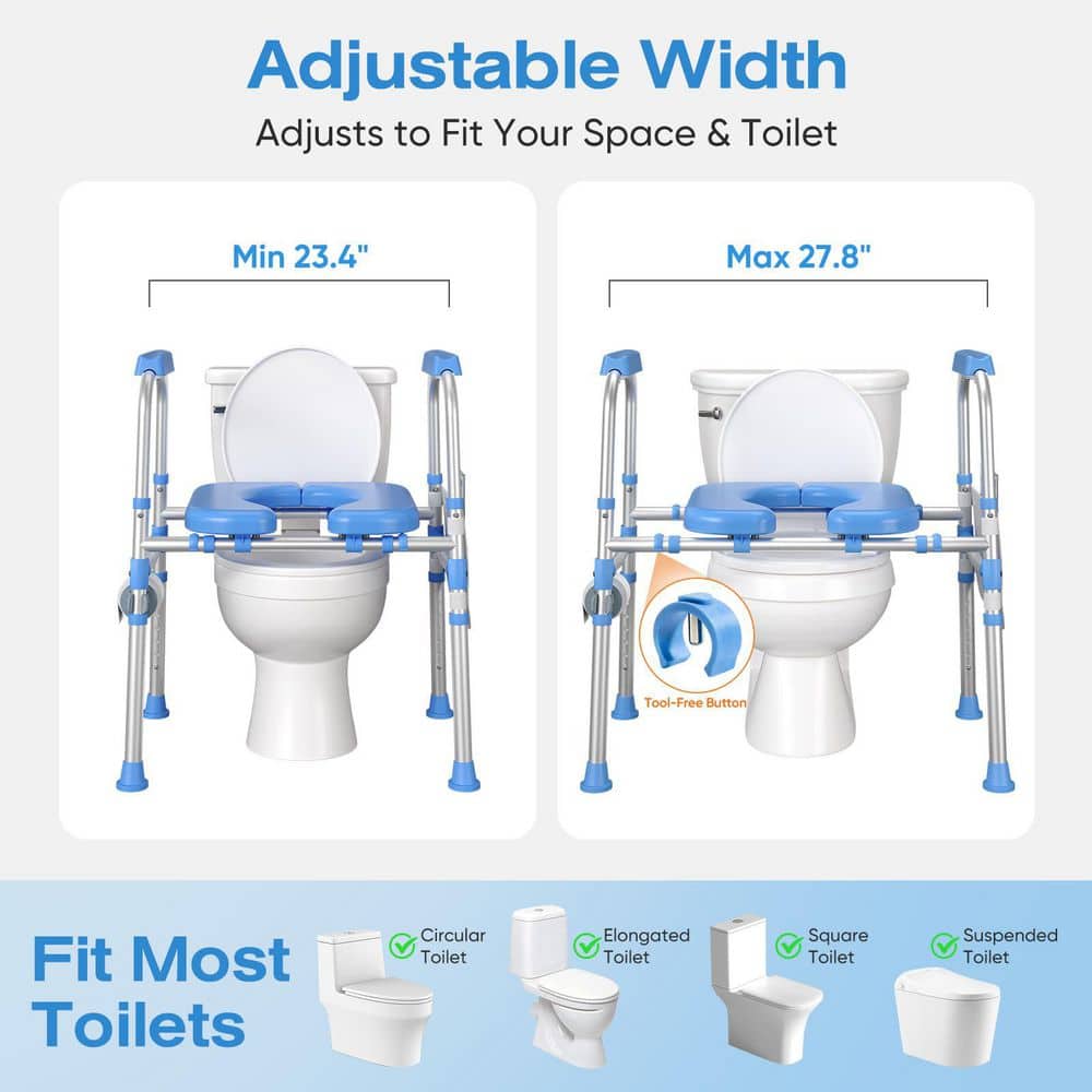 Numhew 23.4-27.8 in. W Adjustable Width Aluminum Raised Toilet Shower Seat with Handles in Blue and White for Seniors (2)