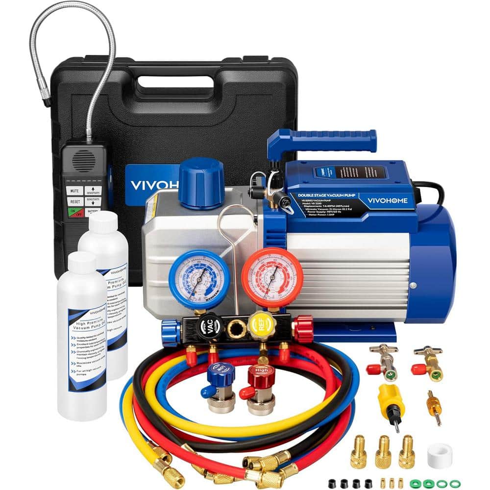 VIVOHOME 1.5 HP 14.4 CFM 2 Stage HVAC Vacuum Pump and 4 Way AC Manifold Gauge Set Kit with Leak Detector (1)