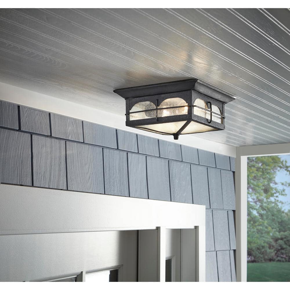 Home Decorators Collection Brimfield 11 in. Aged Iron Weather Resistant Outdoor Ceiling Light Flush Mount 2-Light with Clear Seedy Glass Shade (3)