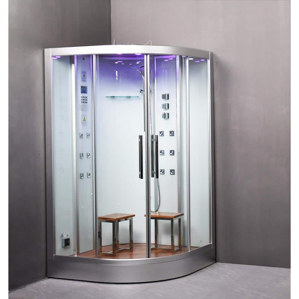 Unbranded Platinum 47 in. x 47 in. x 90 in. Corner Steam Shower in White with Bluetooth, Sliding Doors and 6 kW Steam Generator (1)