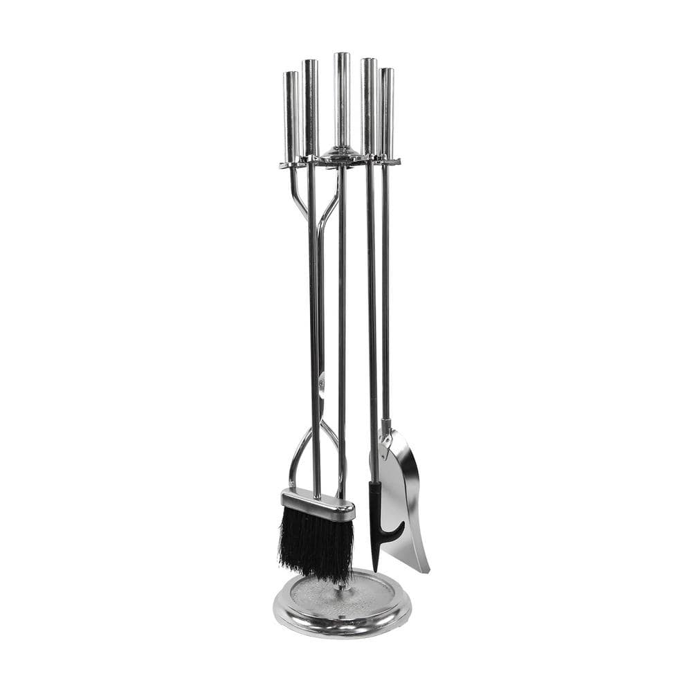 ACHLA DESIGNS 30 in. Tall 5-Piece Chrome Neoclassic Fireplace Tool Set with Round Base (1)