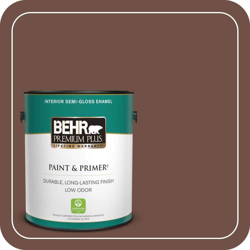 BEHR PREMIUM PLUS 1 gal. #PMD-108 Double Chocolate Semi-Gloss Enamel Low Odor Interior Paint & Primer