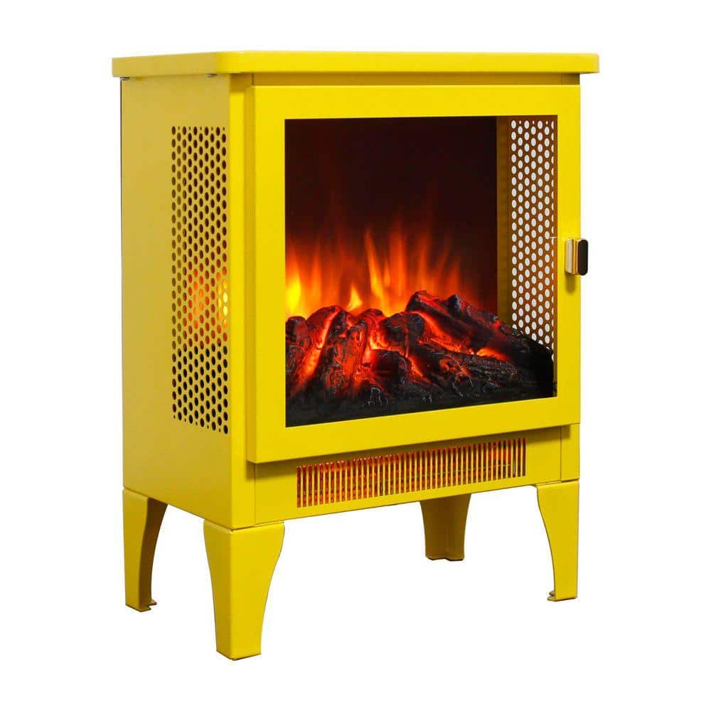Unbranded 8 in. Freestanding Electric Fireplace Stove in Yellow with 3-Sided Panoramic Flame, 1400-Watt Heater with Golden Handle (2)