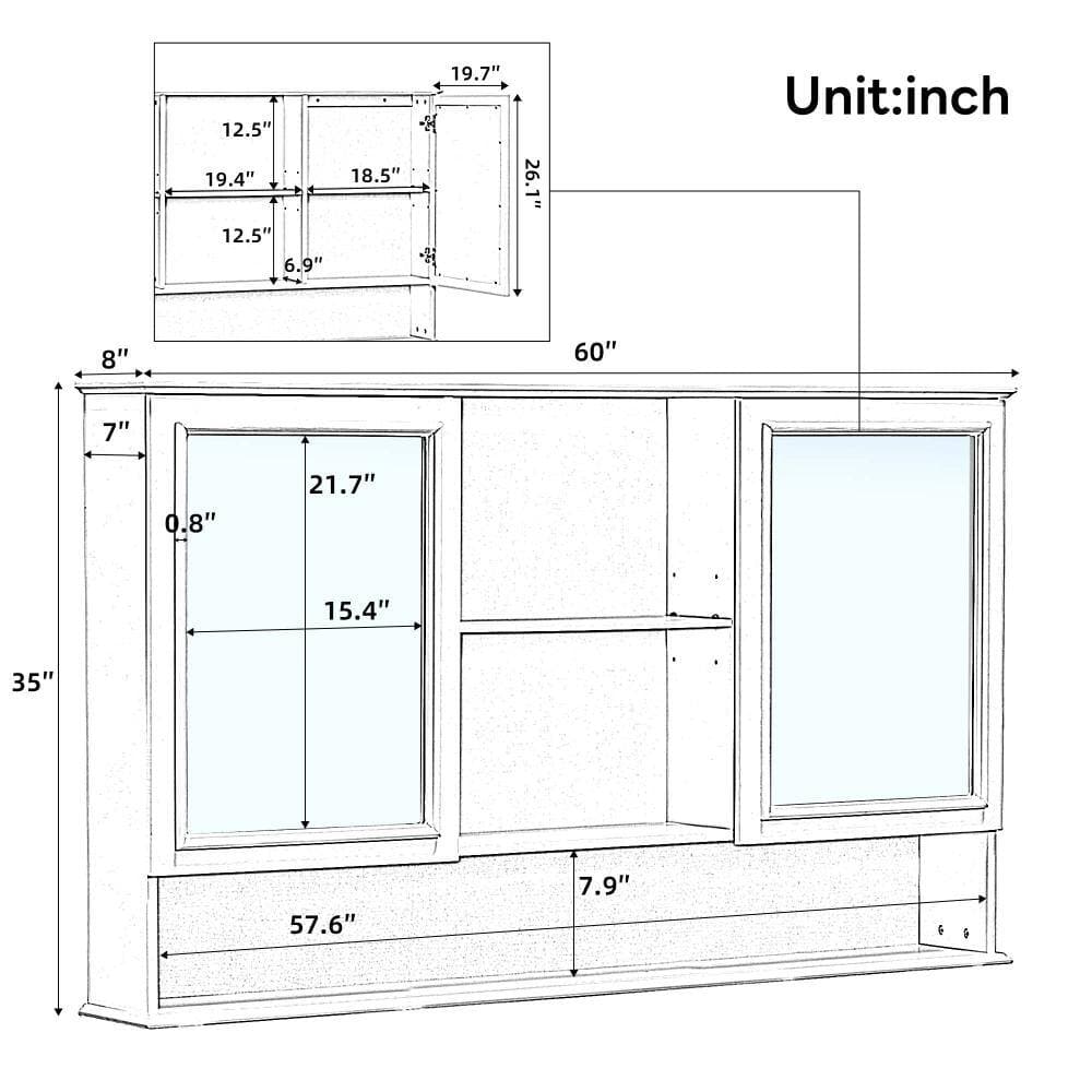 XUJMK 60 in. W x 8 in. D x 35 in. H Bathroom Storage Wall Cabinet, Storage Cabinet in White with Mirrored, Adjustable Shelves (2)