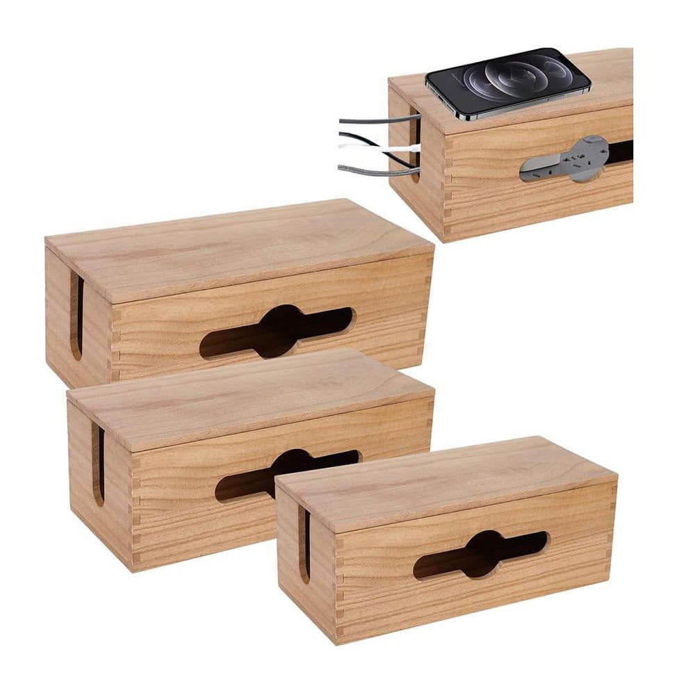 Ahfiwaso Wood Series 3 Pack Cable Management Box Kit Cord Organizer Storage Box for Desk Home Office TV Computer Wires