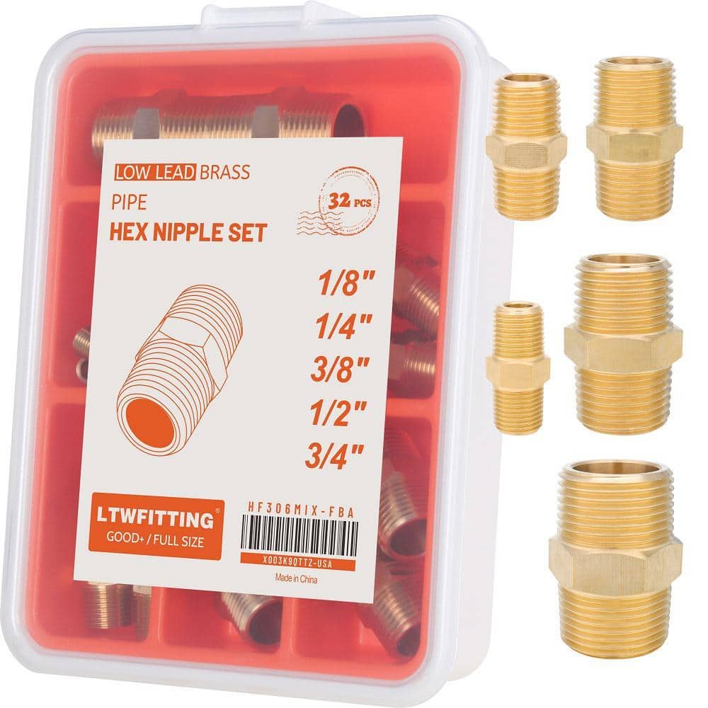 LTWFITTING Assortment Kit 1/8-Inch 1/4-Inch 3/8-Inch 1/2-Inch 3/4-Inch NPT Male Brass Pipe Hex Nipple Set (32-Pack) (1)