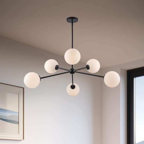 Hampton Bay 39 in. Avaline 6-Light Black Cluster Pendant Light with Glass Shades