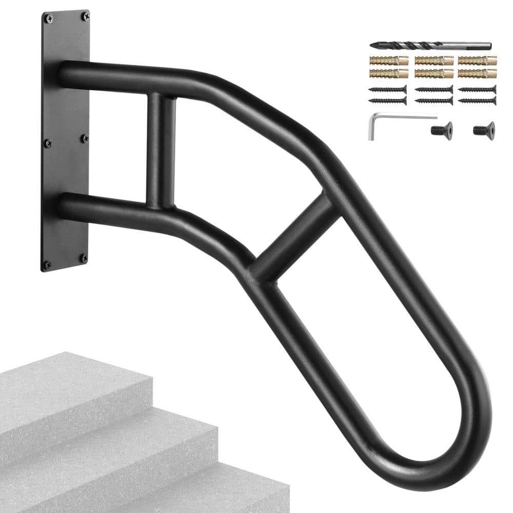 VEVOR Handrails for Outdoor Steps 18.9 in. x 3.15 in. Black steel Stair Railing Kit Wall Mount Railings 1-3 Steps U-Shaped (1)