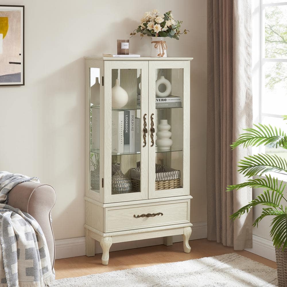 Unbranded 25.98 in. W 11.81 in. D 51.57 in. H White Linen Cabinet with Adjustable Glass Shelves 2 Doors 1 Drawer and Bulb (2)