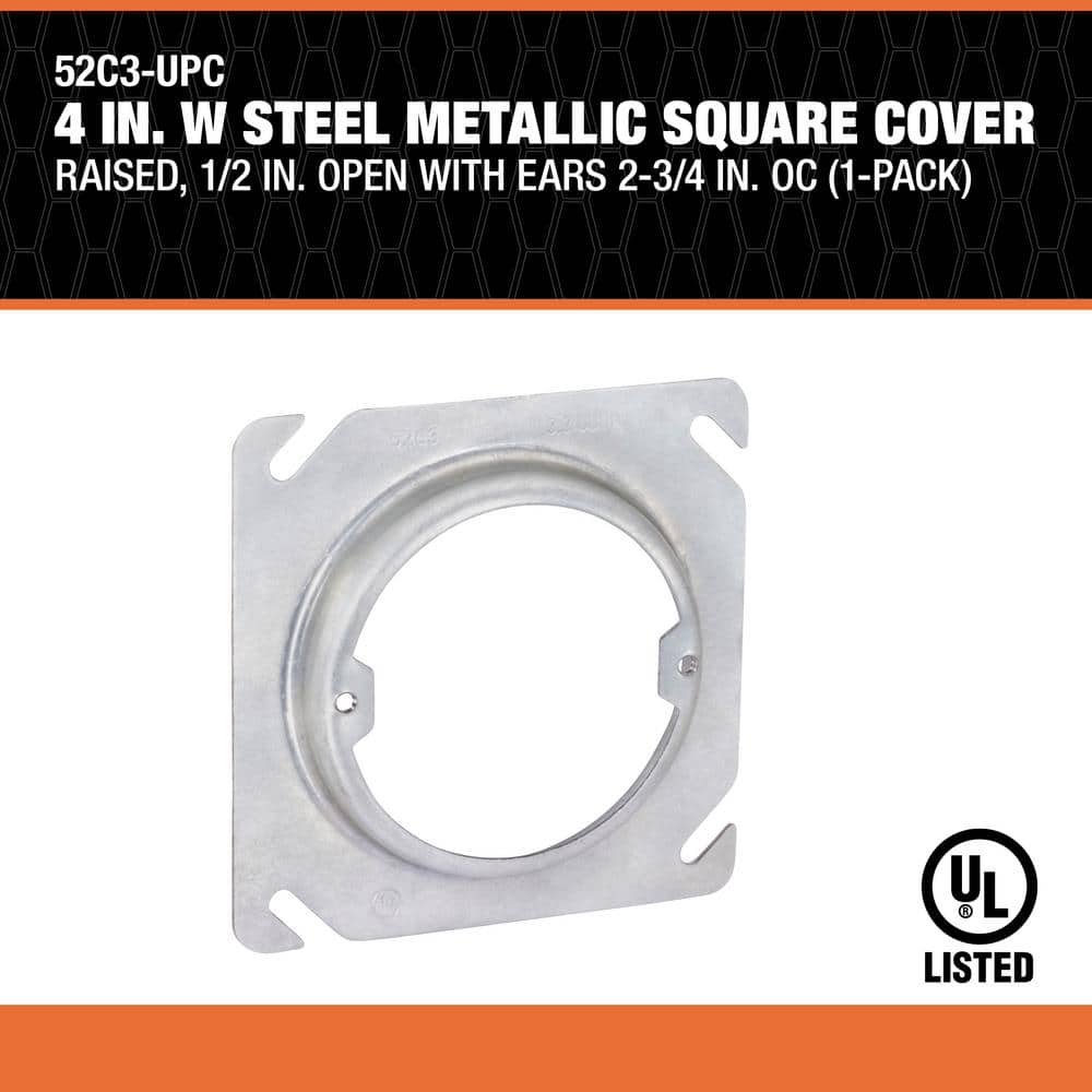 Southwire 4 in. W Steel Metallic Square Cover, Raised, 1/2 in. Open with Ears 2-3/4 in. OC (1-Pack) (2)