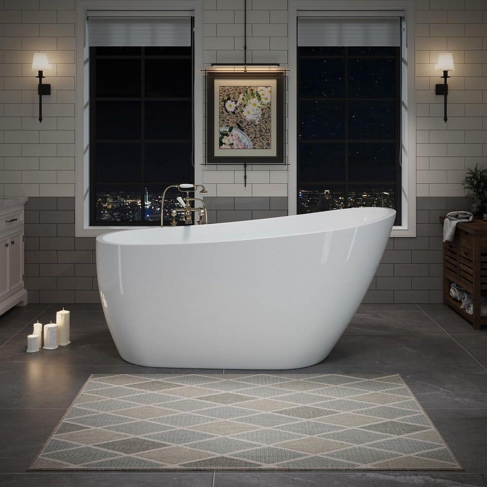 Boosicavelly 59 in. Acrylic Freestanding Soaking Bathtub with Overflow and Drain in Glossy White (1)