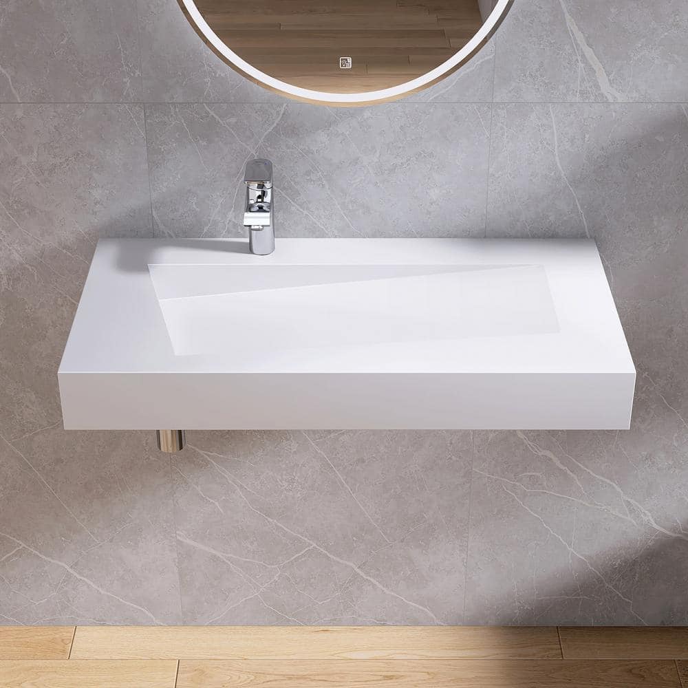 MEDUNJESS 35 in. Wall-Mount/Vessel Solid Surface Bathroom Sink in White with Single Faucet Hole (1)