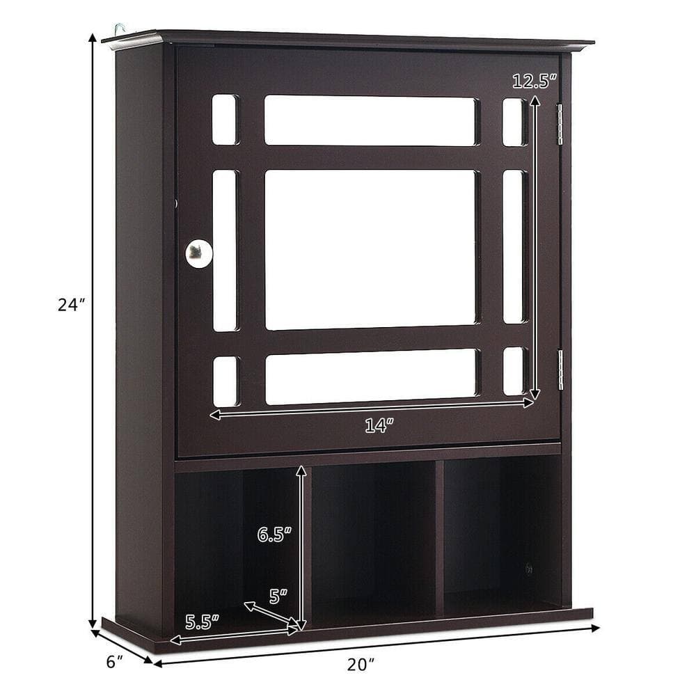 WELLFOR 20 in. W x 24 in. H x 6 in. D Bathroom Storage Wall Cabinet with 1 Glass Doors and Adjustable Shelf in Brown (3)