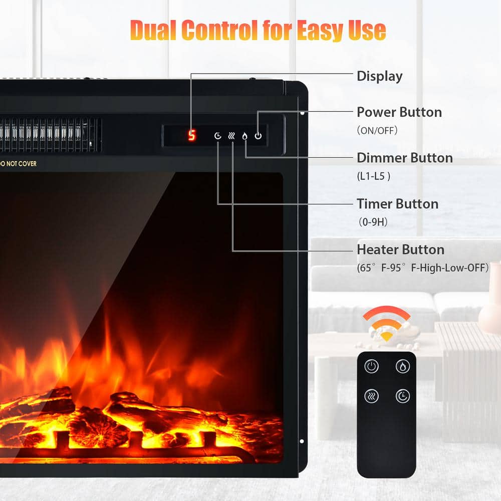Costway 20 in. 1500-Watt Freestanding and Recessed Heater Electric Fireplace Log Flame Remote in Black (2)