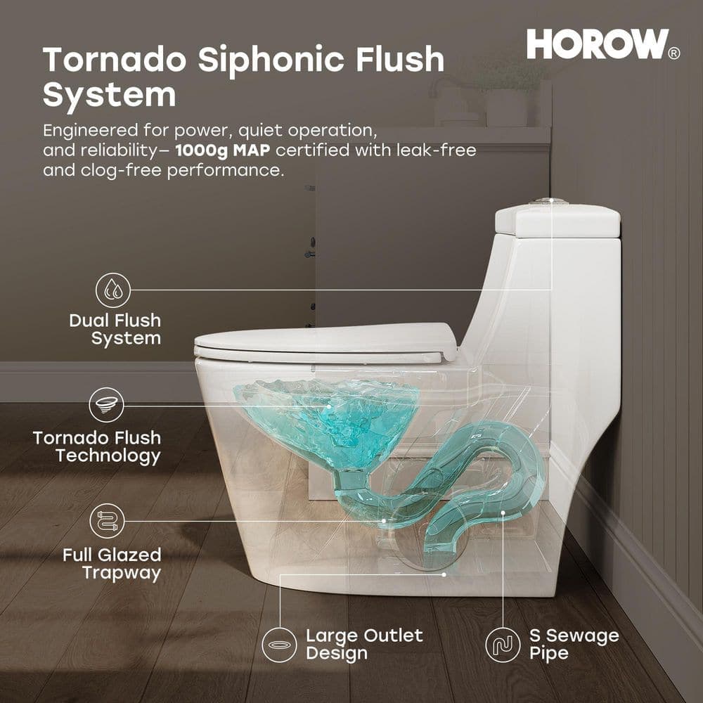 HOROW 12 in. Rough in 1-piece 1.1/1.6 GPF Dual Flush Elongated Toilet in White, Seat Included (3)