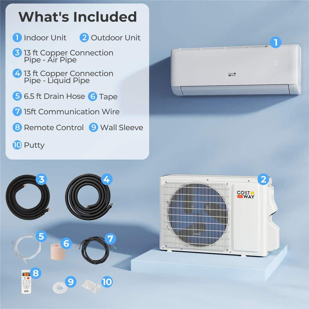 Costway 1-Zone 9100-BTU 20.5 SEER Ductless Mini Split Heat Pump with 13 ft. Lines Wifi Enabled 115-Volt (3)