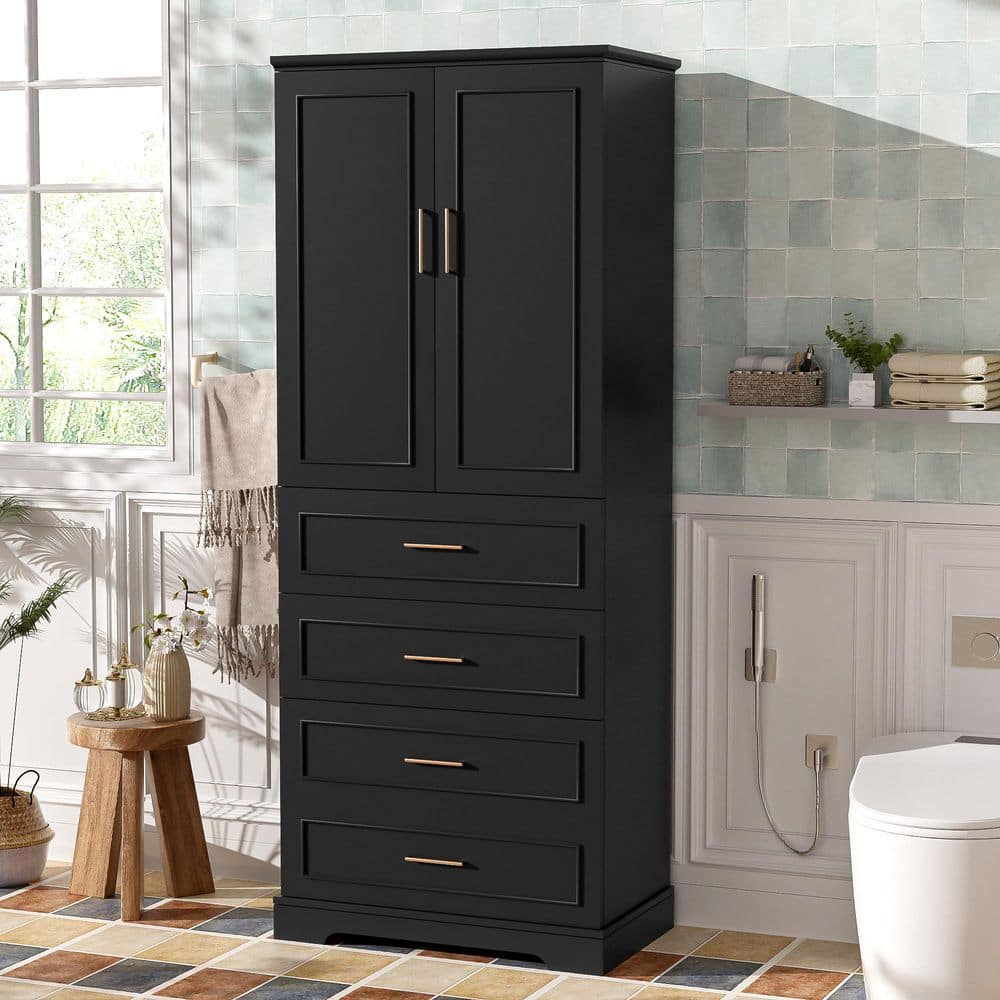 Unbranded 29.92 in. W x 15.67 in. D x 72.20 in. H Black Freestanding Bathroom Linen Cabinet with 3 Drawers, Adjustable Shelf