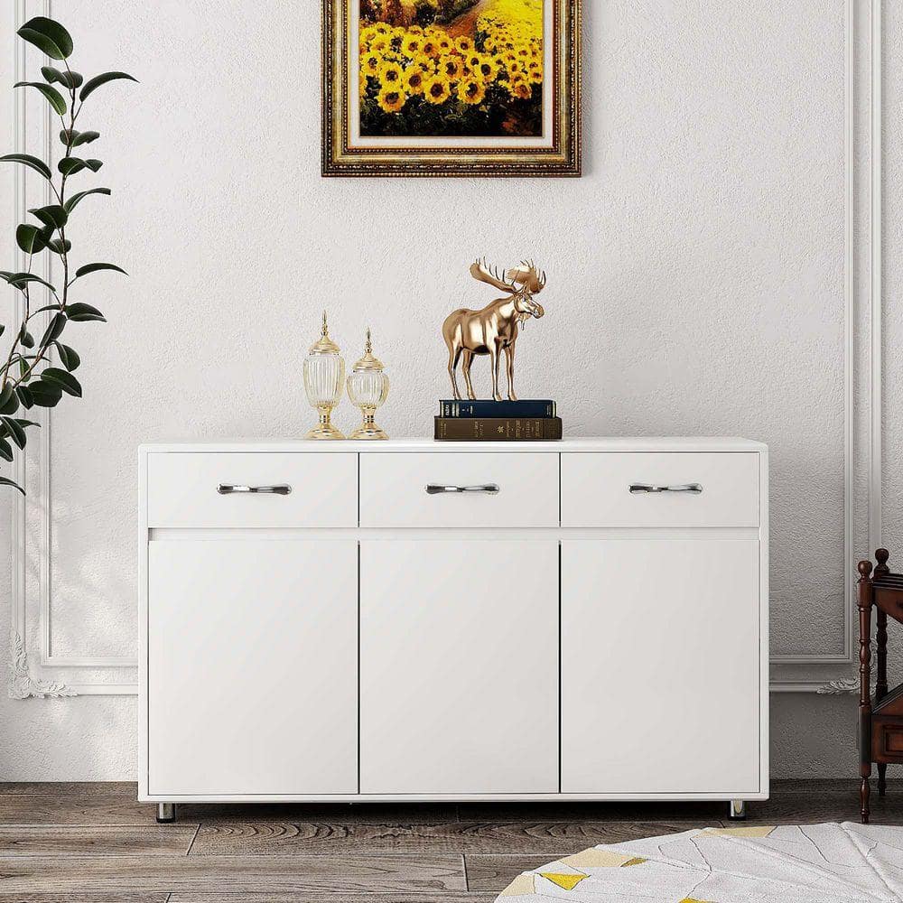 XUJMK 53 in. W x 16 in. D x 33 in. H White Linen Cabinet with Drawers, Farmhouse Buffet Cabinet Storage Sideboard for Dining (1)