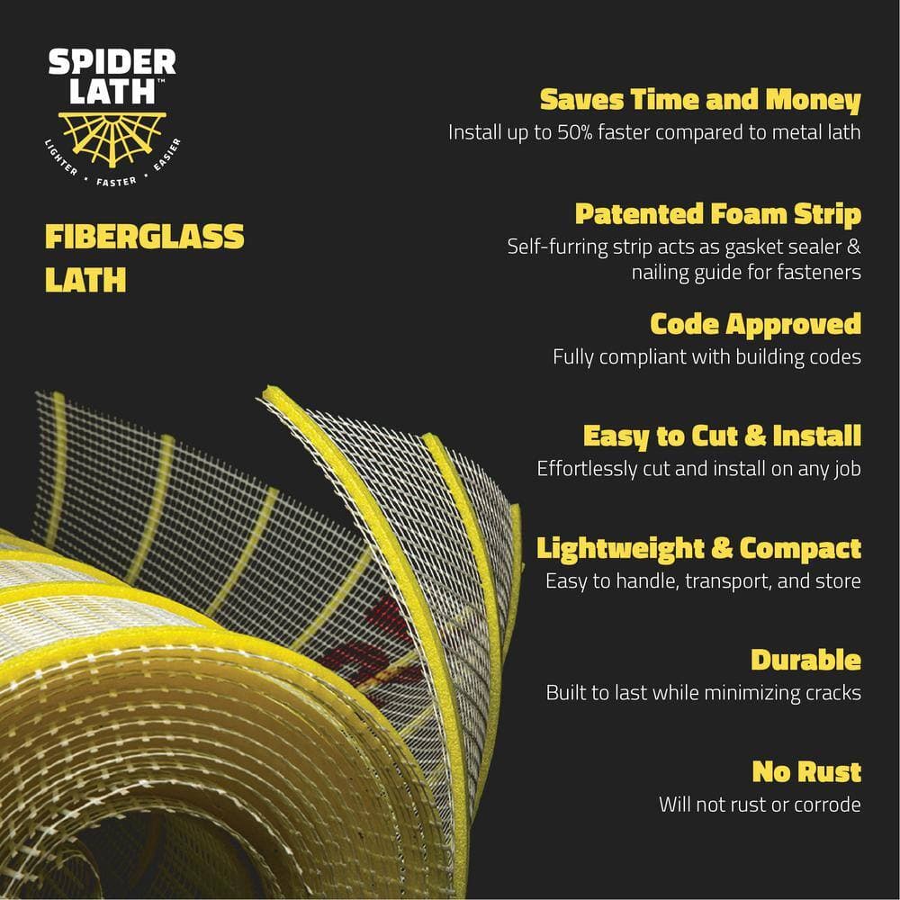 SpiderLath 4 ft. x 75 ft. 300 sq. ft. Self Furring Roll Fiberglass Lath 3.4 Metal Lath Alternative for Stucco, Stone and Masonry (2)