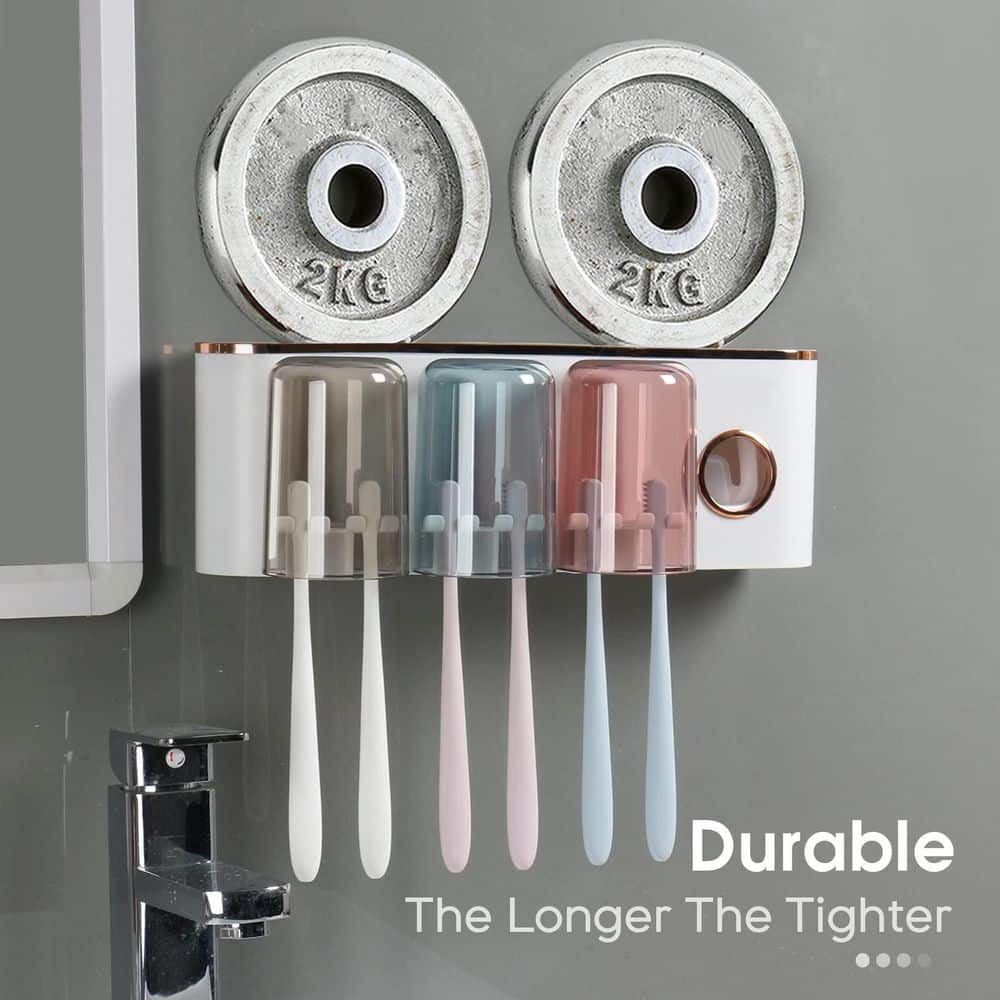 Wudkey 1-Pack 3 Cups Wall Mounted Toothbrush Holders, Bathroom Accessories with Toothpaste Dispenser in White (3)