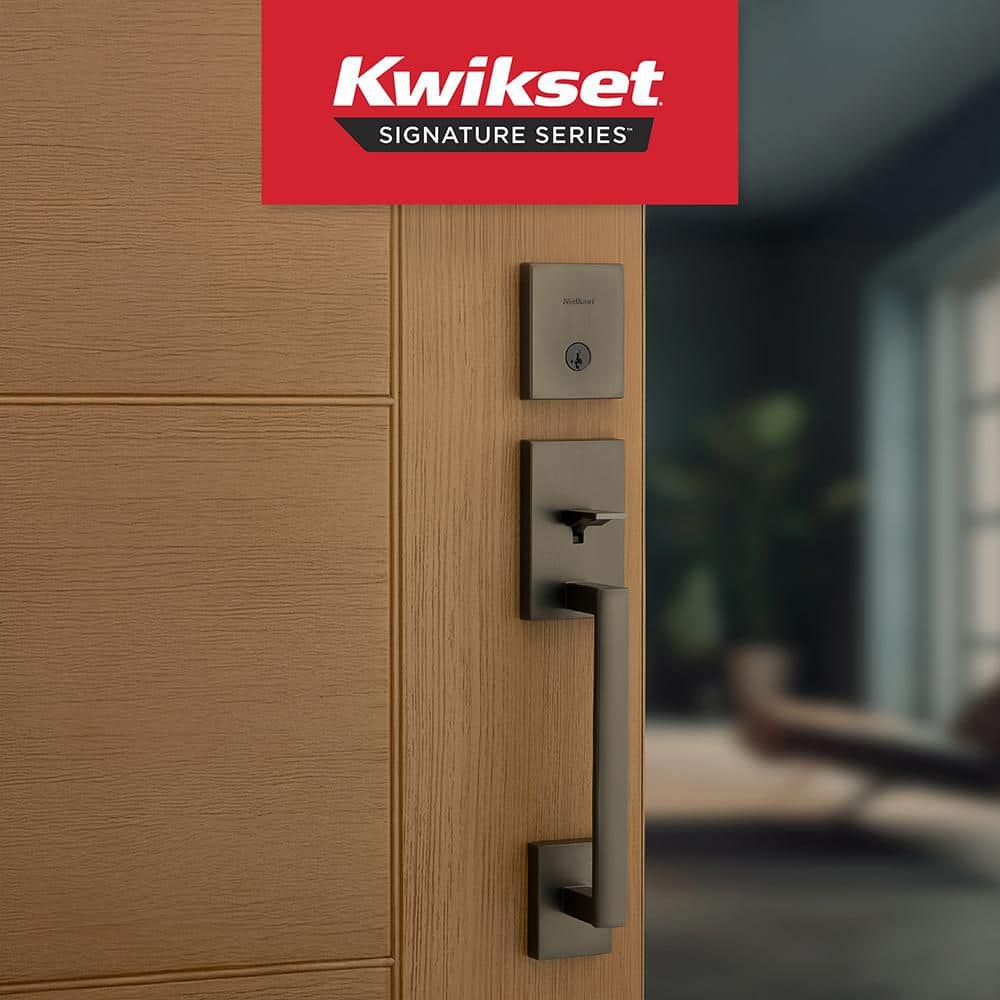 Kwikset San Clemente Gunmetal Keyed Entry Door Handleset with Square Pismo Interior Knob featuring SmartKey Security (2)