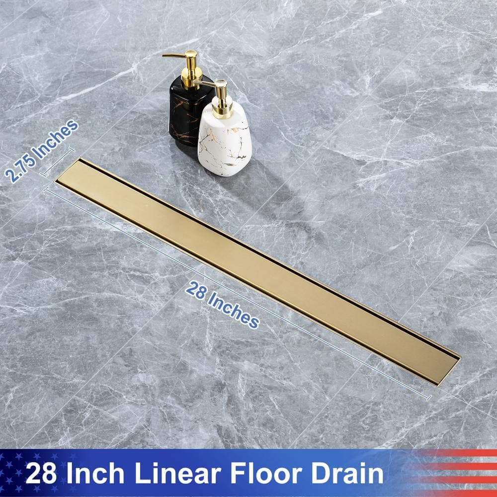RAINLEX 28 in. Stainless Steel Linear Shower Drain with Tile-in Cover in Brushed Gold (2)