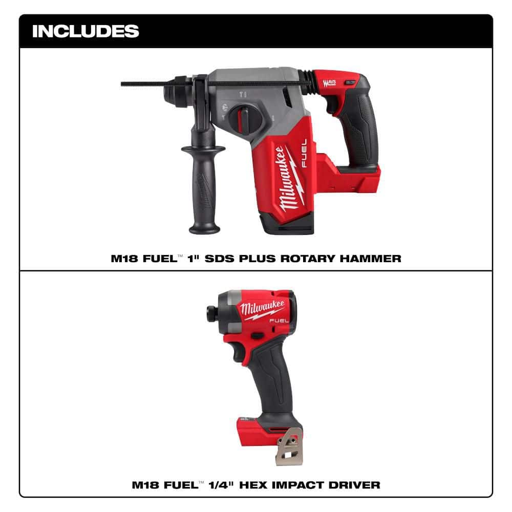 Milwaukee M18 FUEL 18V Lithium-Ion Brushless Cordless 1 in. SDS-Plus Rotary Hammer w/ Impact Driver (2)