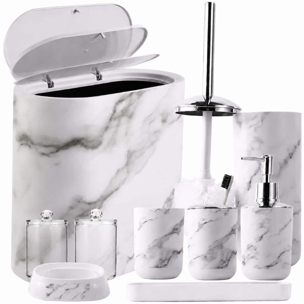 Unbranded Marble White Bathroom Accessory Set, 9-Piece with Slim Trash Can, Soap Dispenser, Toothbrush Holder Set