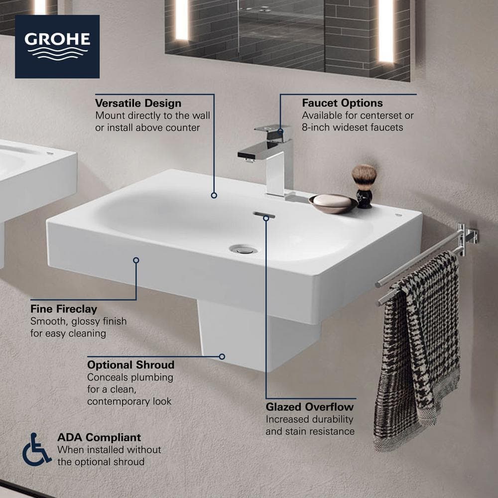GROHE Eurocube 24.2 in. x 19.0625 in. Wall Mounted Bathroom Sink 8 in. Widespread in Alpine White Fireclay (2)