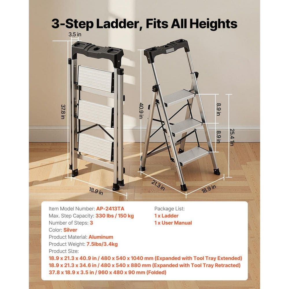 SKYSHALO Aluminum 3 Step Ladder 8 ft. Folding Step Stool with Handgrip Anti-Slip Pedals 330 lbs. Capacity, Silver, 2025 Update (2)