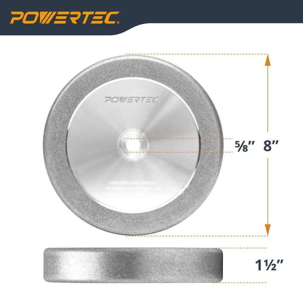 ‎POWERTEC 8 in. x 1 in. x 5/8 in. 180 Grit CBN Grinding Wheel & 8 in. x 1-1/2 in. x 5/8 in., 80 Grit, CBN Sharpening Wheel, 2PK (3)