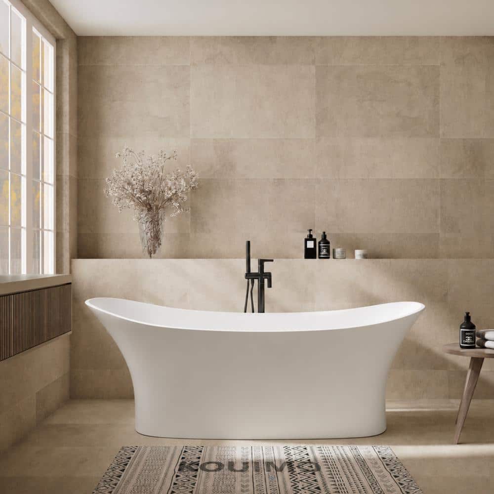 KOUIMO 71 in. Solid Surface Freestanding Soaking Bathtub with Drain, Flat Bottom, White (3)
