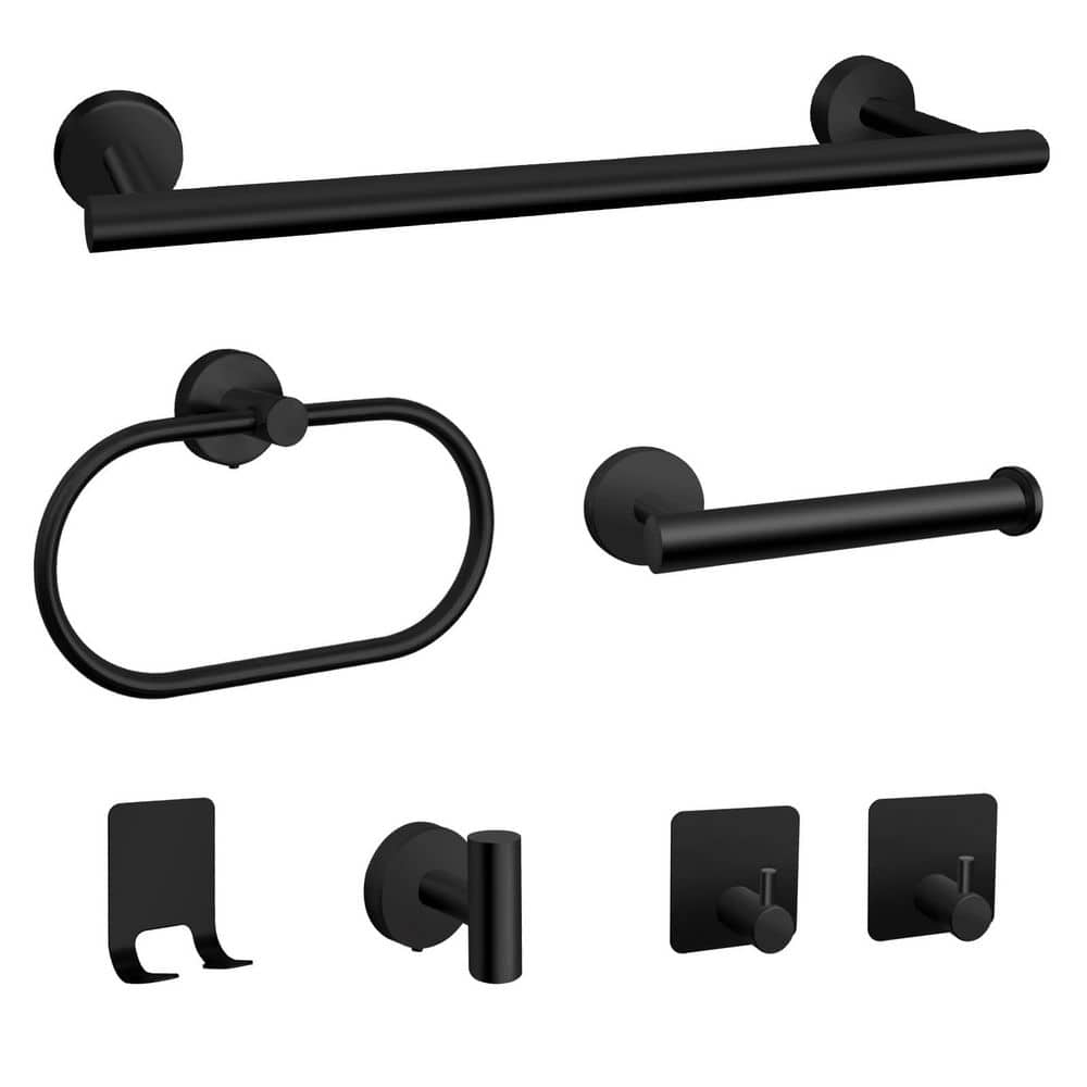 Wudkey 7-Piece Stainless Steel Bathroom Hardware Kit Set with Hand Towel Bars, Toilet Paper Holders, Towel Rings, Hooks (1)