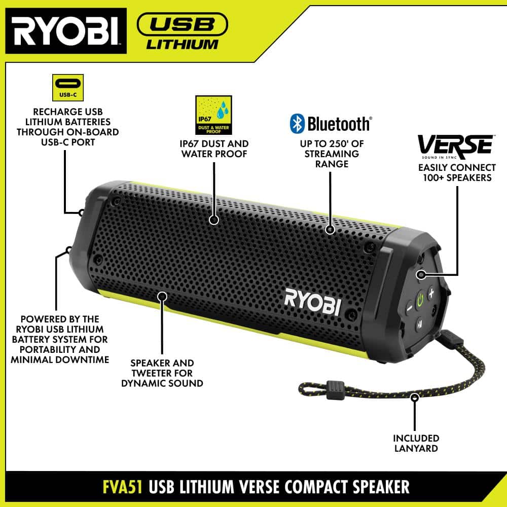 RYOBI USB Lithium Cordless Bluetooth Charging Speaker Kit w/ 2.0 Ah Battery, Charging Cable, & FREE USB Lithium 2.0 Ah Battery (3)