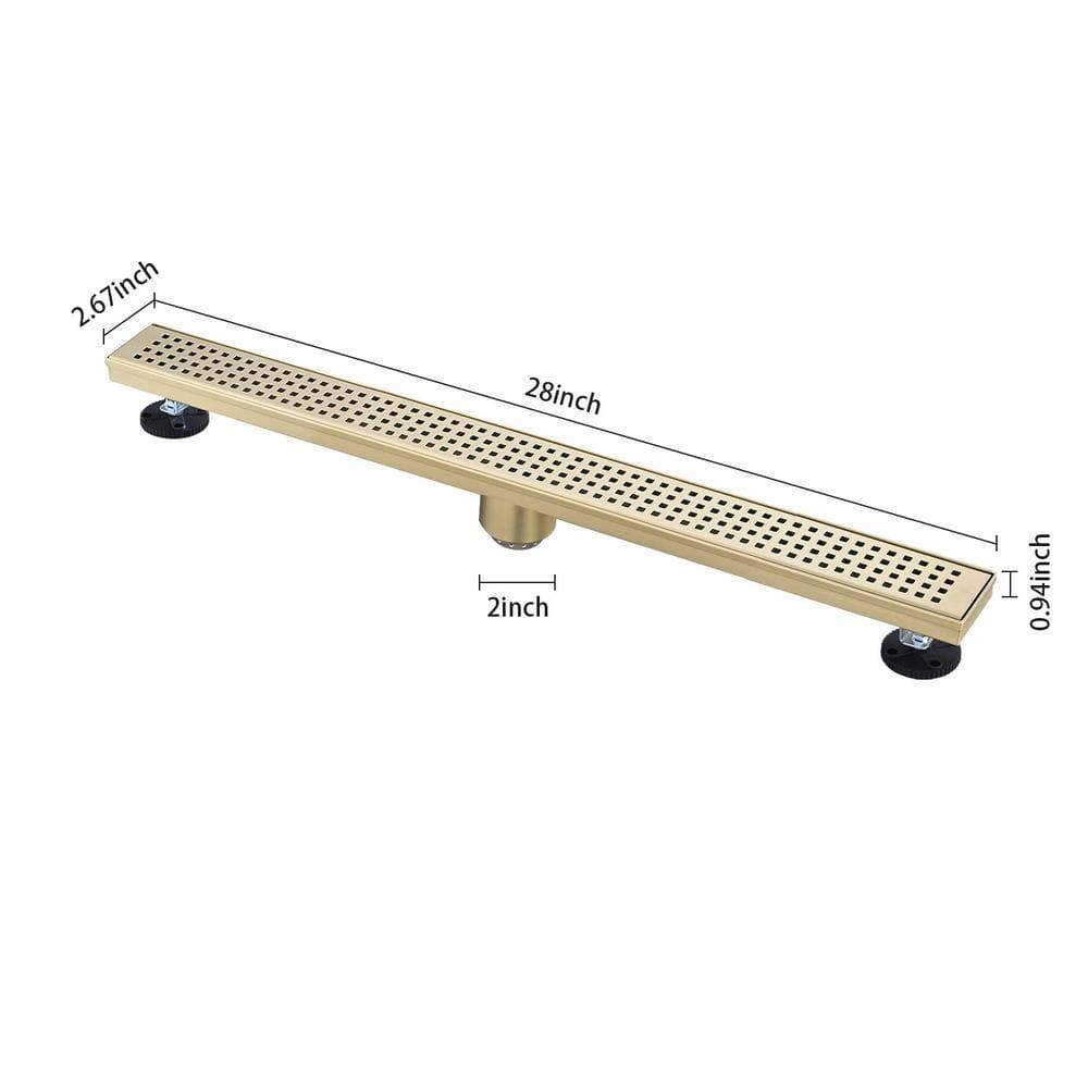 Tahanbath 28 Inches Linear Shower Drain with Removable Quadrato Pattern Grate, Included Hair Strainer and Leveling Feet (2)
