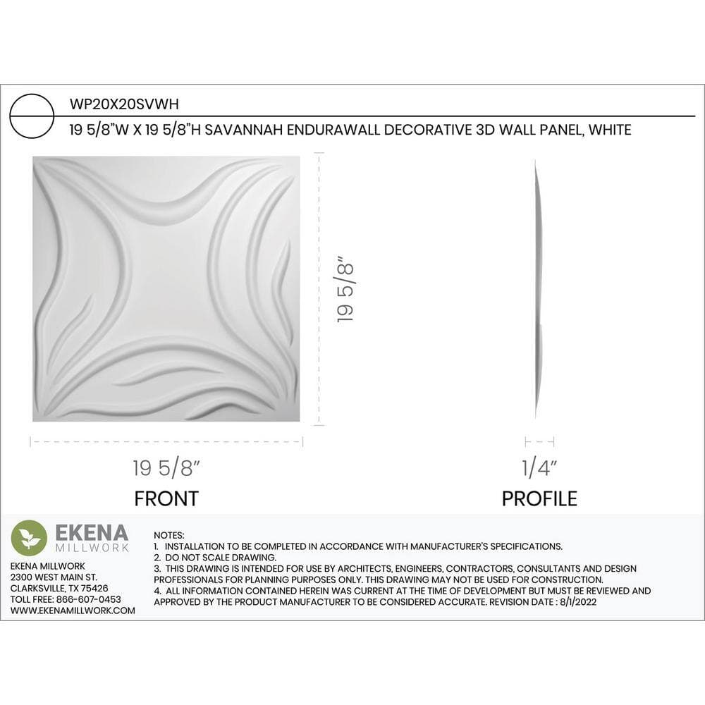 Ekena Millwork 19-1/2 in. 19-1/2 in. Savannah EnduraWall PVC Decorative 3D Wall Panel, White, for sq. ft.) (2)