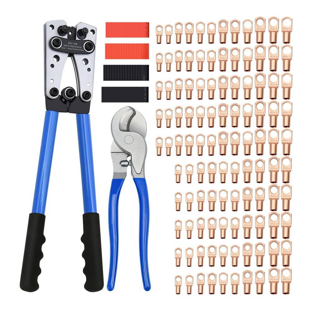 Unbranded Cable Lug Crimping Tool Kit with Wire Cutter, 170pcs Copper Lugs, 210pcs Heat Shrink Tubes, AWG 10-1/0