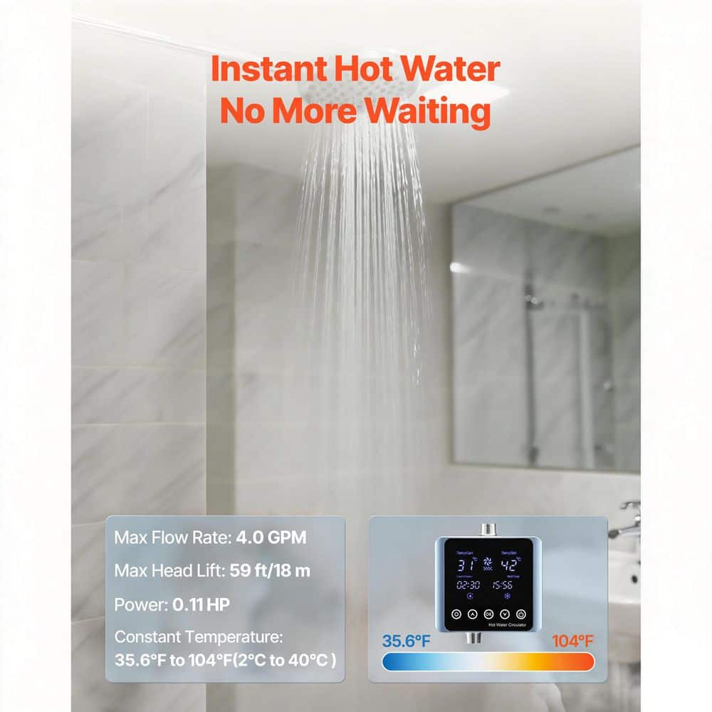 VEVOR Digital Smart Instant Hot Water Recirculating Pump Kit, with Built-in Thermostat, Timer, Digital Screen, Under Sink (2)
