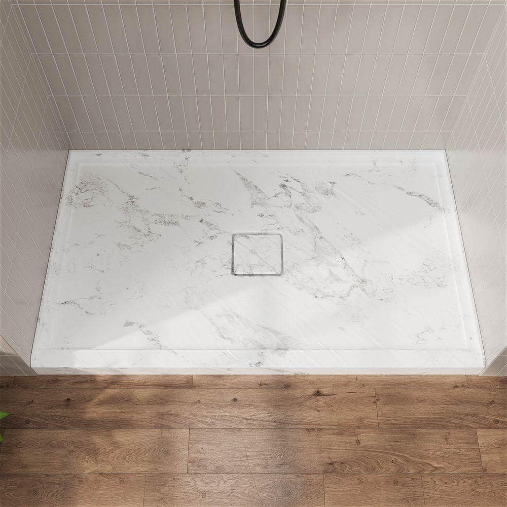 GIVING TREE 60 in. L x 36 in. W Single Threshold Rectangle Alcove Shower Pan Base in Carrara Marble Look with Center Drain (1)