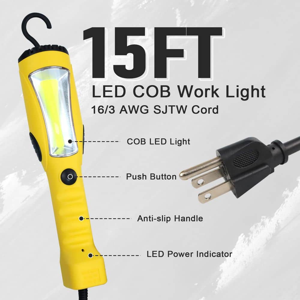 BeamBox 1200 Lumen 120V LED Work Light, 15 ft. COB Trouble Light, Magnetic Base, Rotatable Hook, Yellow (3)