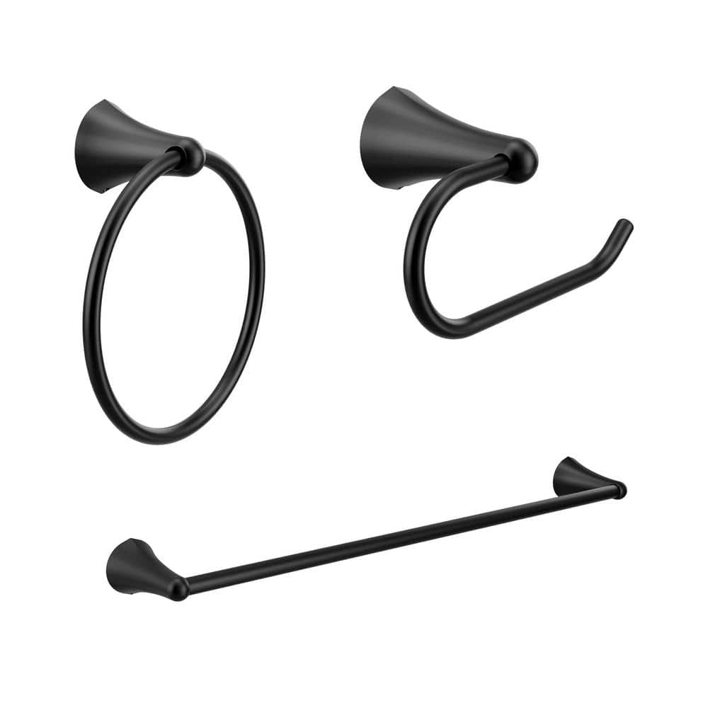 MOEN Hollyn 3-Piece Bath Hardware Set with 24 in. Towel Bar, Paper Holder and Towel Ring in Matte Black (1)