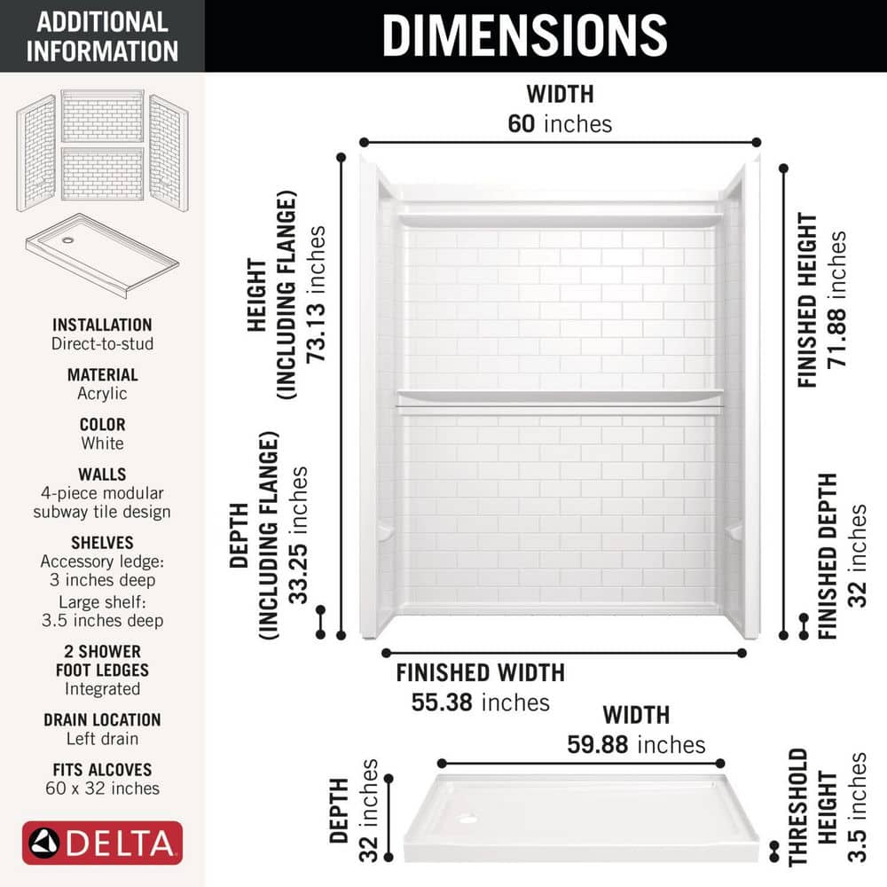 Delta Classic 500 Tile Left Drain 32 in. L x 60 in. W x 71.88 in. H Alcove Shower Kit with Shower Wall and Shower Pan (2)