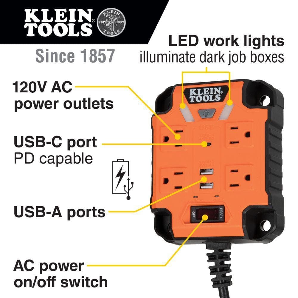Klein Tools PowerBox 1, 4-Outlet Magnetic Mounted Power Strip with Integrated LED Lights (2)