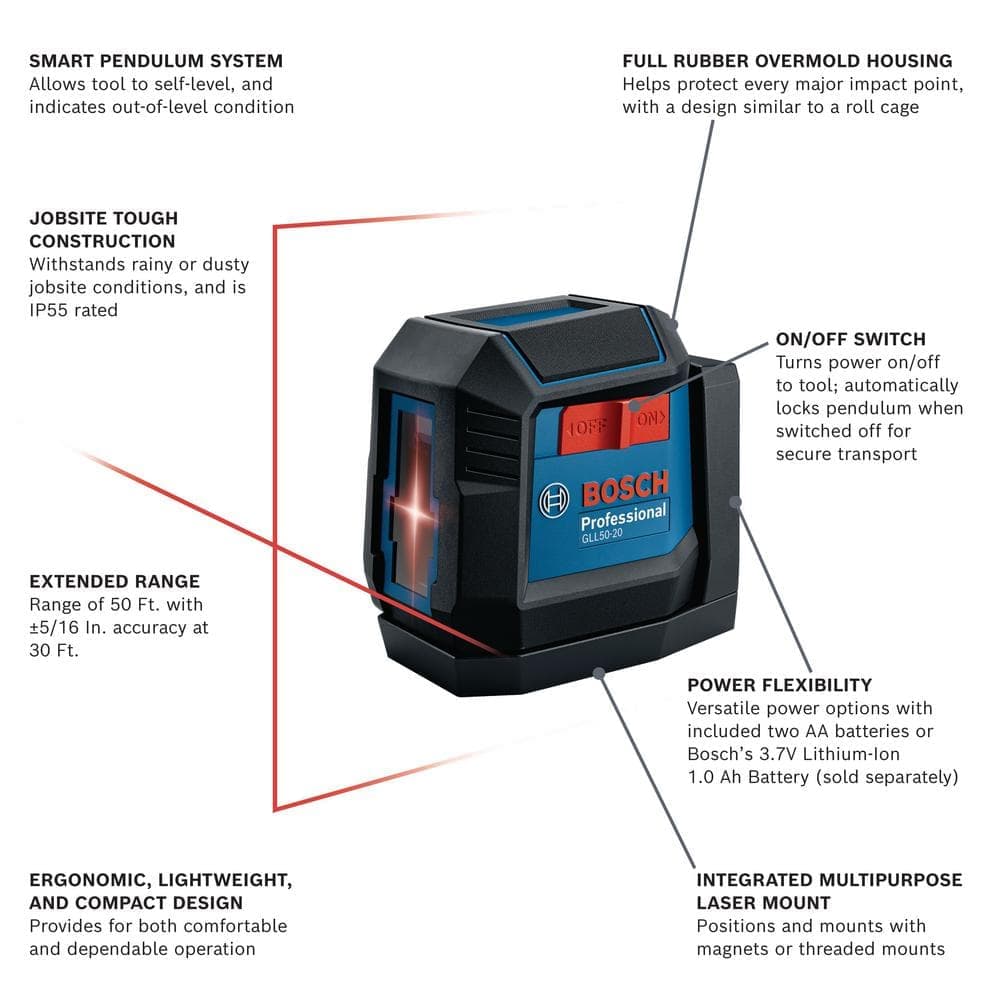 Bosch 50 ft. Dual Power Battery Red Beam Self-Leveling Cross-Line Laser Level and Compact Tripod with Extendable Height (2)
