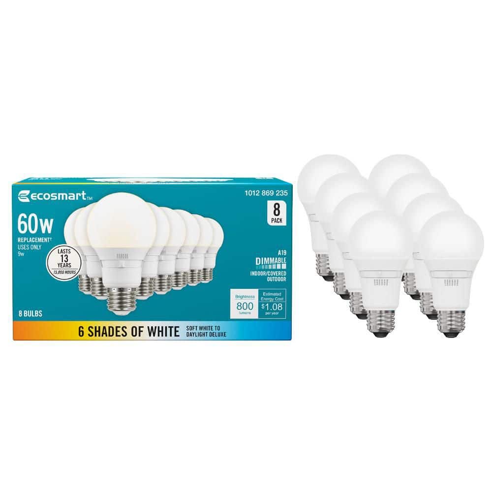 EcoSmart Universal Select 60-Watt Equivalent A19 Dimmable LED Light Bulb with Selectable Color Temperature (8-Pack)