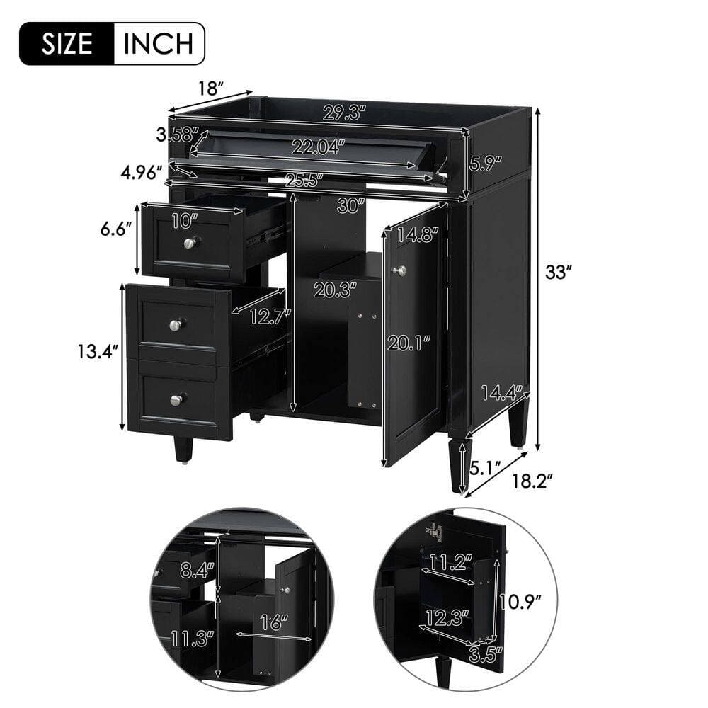 Buruis 29.3 in. Bath Vanity Cabinet without Top in Black with 2 Drawers and a Tip-out Drawer, Basin Not Included (2)