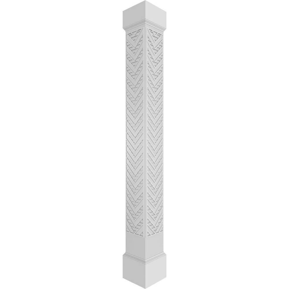Ekena Millwork 7-5/8 in. x 8 ft. Premium Square Non-Tapered Gilcrest Fretwork PVC Column Wrap Kit with Mission Capital and Base (1)